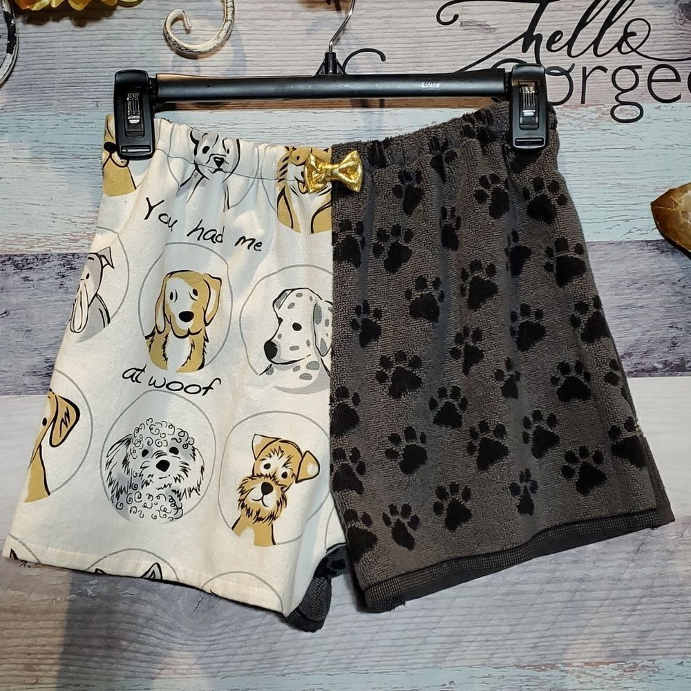 Upcycled Handmade You Had Me At Woof Dish Towel 70s Style HighWaist Shorts Sz S